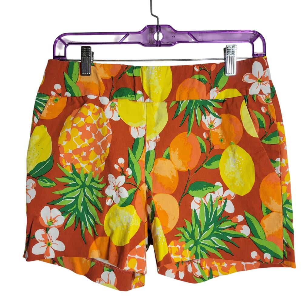 New York & Company Shorts Orange w/ Fruit Hawaiian Beach Stretch Women M Pull-on